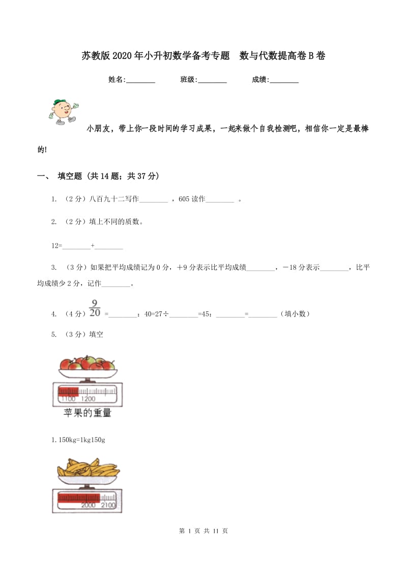 苏教版2020年小升初数学备考专题 数与代数提高卷B卷.doc_第1页