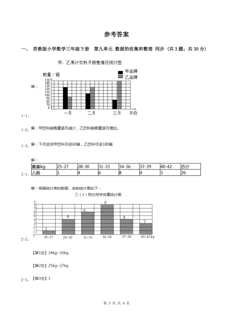 苏教版小学数学三年级下册 第九单元 数据的收集和整理 同步练习 （II ）卷.doc_第3页