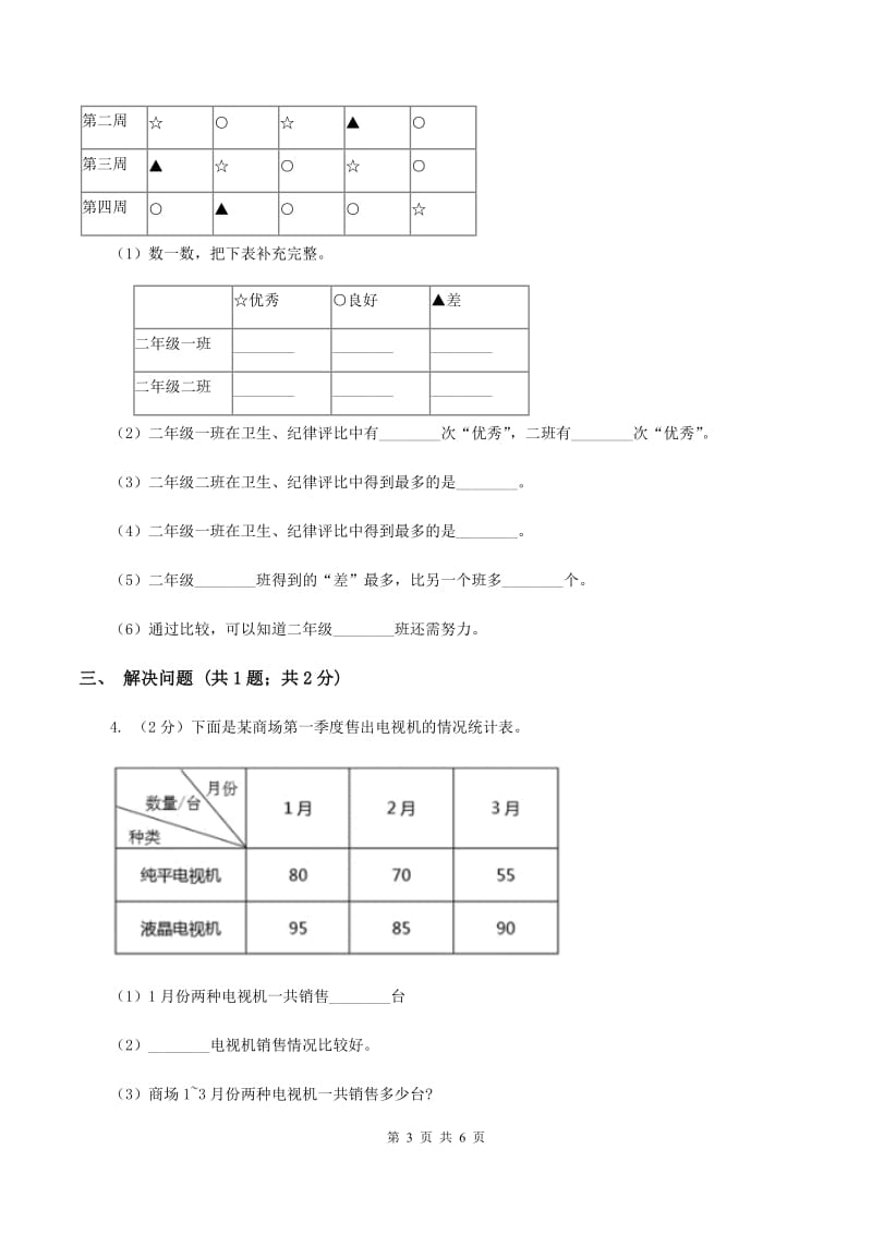 2019-2020学年小学数学人教版三年级下册 3.复式统计表 同步练习（I）卷.doc_第3页