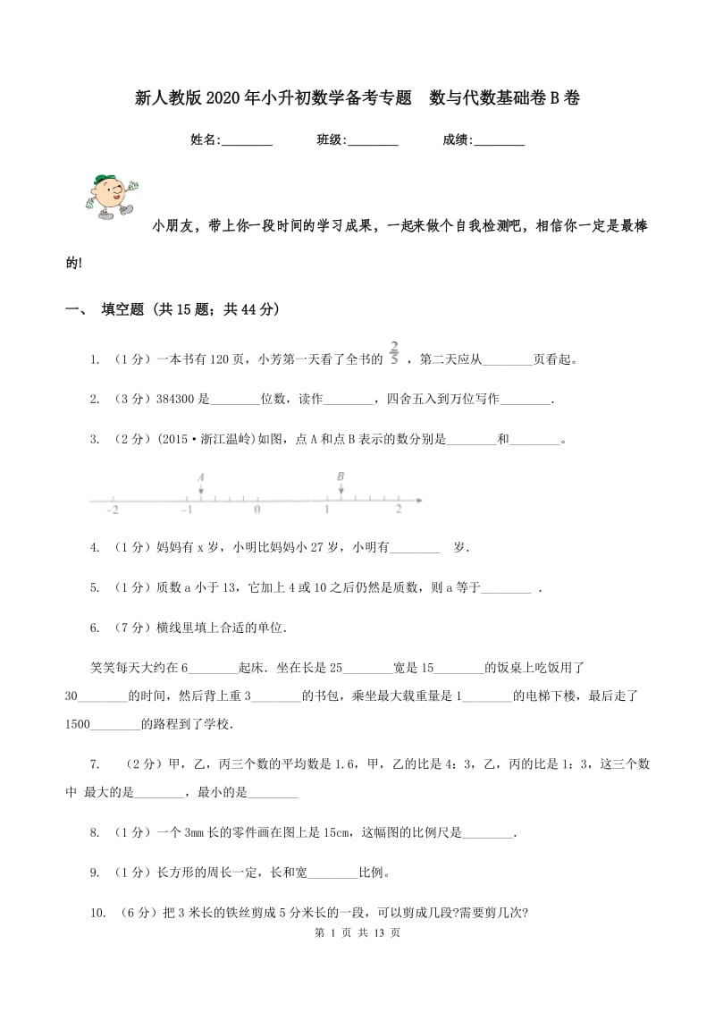 新人教版2020年小升初数学备考专题 数与代数基础卷B卷.doc_第1页