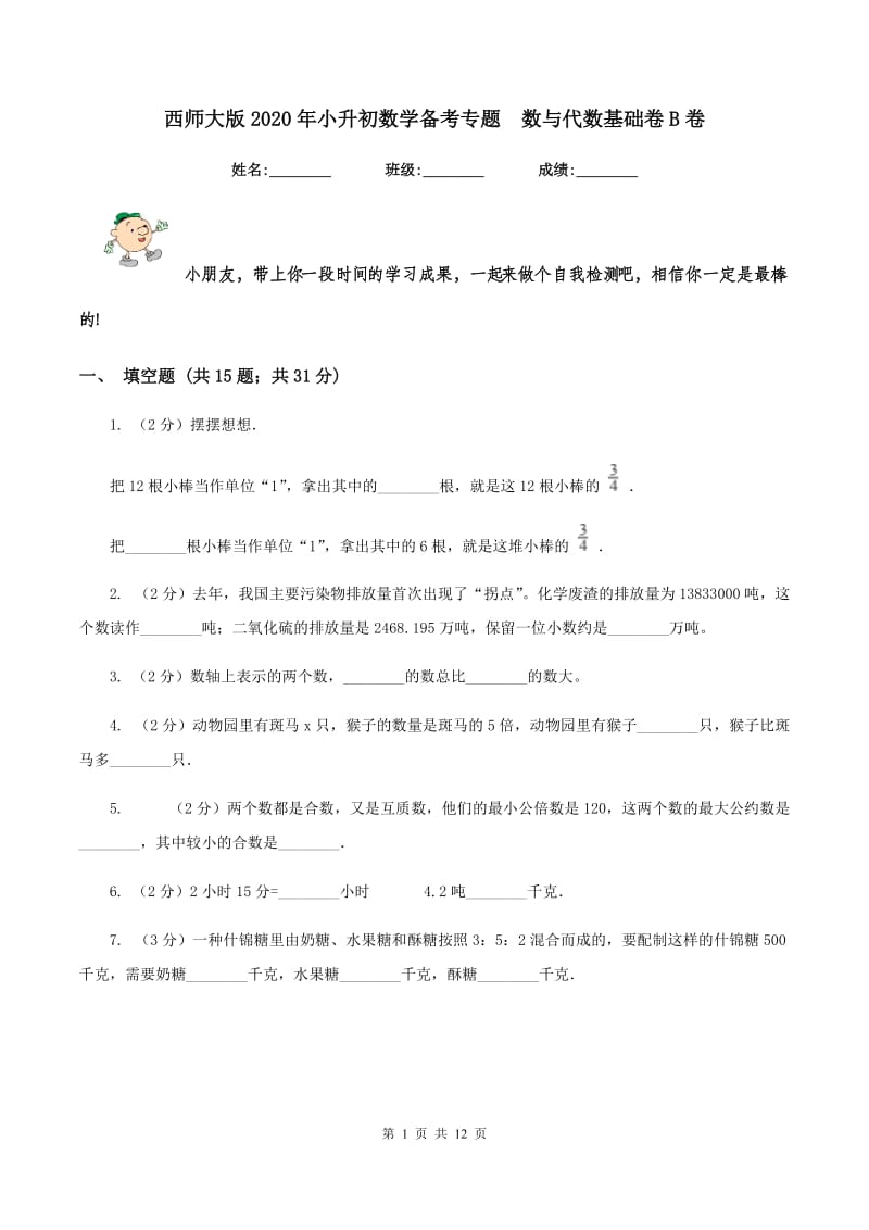 西师大版2020年小升初数学备考专题 数与代数基础卷B卷.doc_第1页