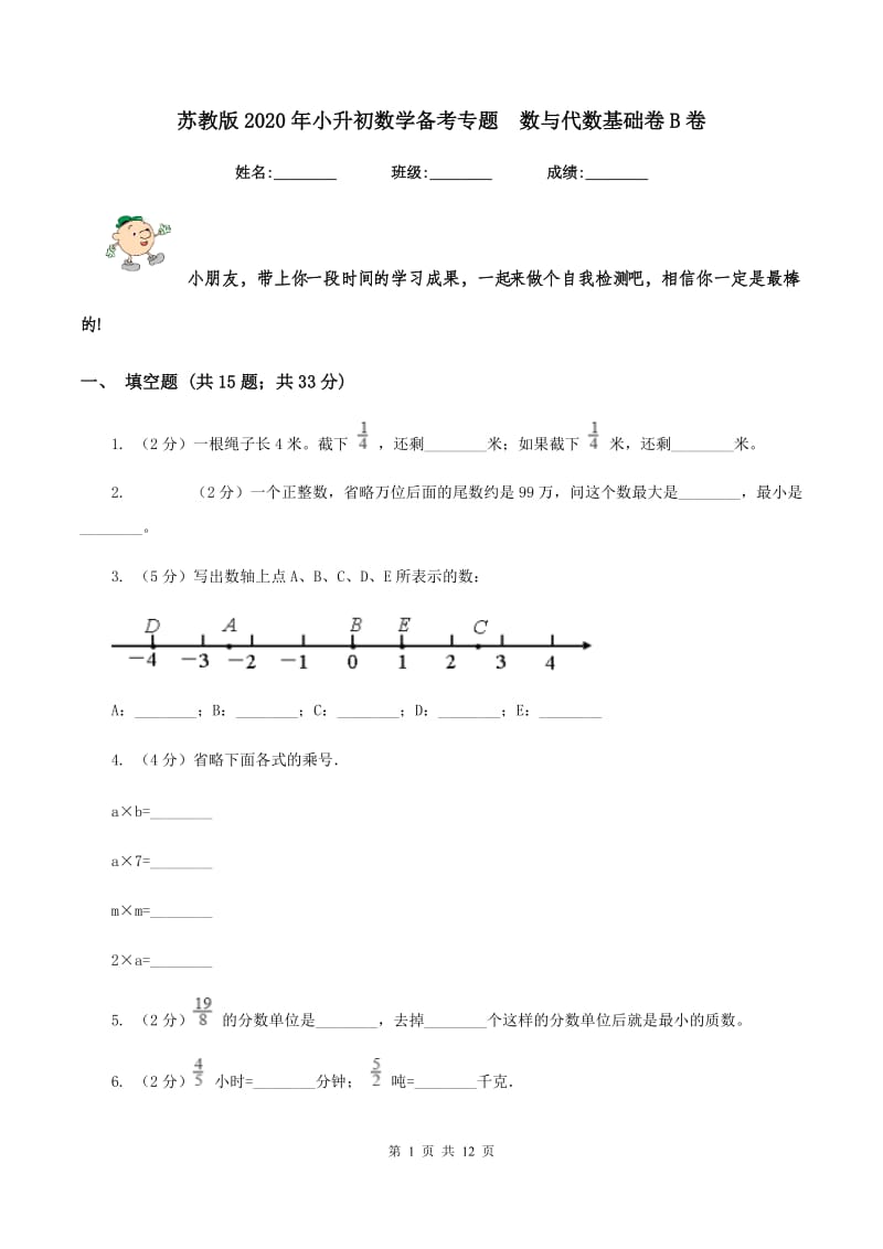 苏教版2020年小升初数学备考专题 数与代数基础卷B卷.doc_第1页