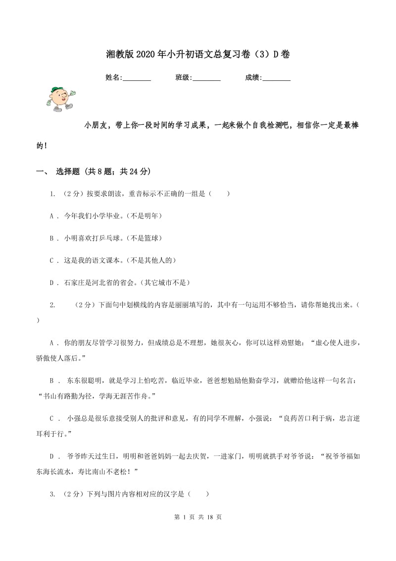 湘教版2020年小升初语文总复习卷（3）D卷.doc_第1页