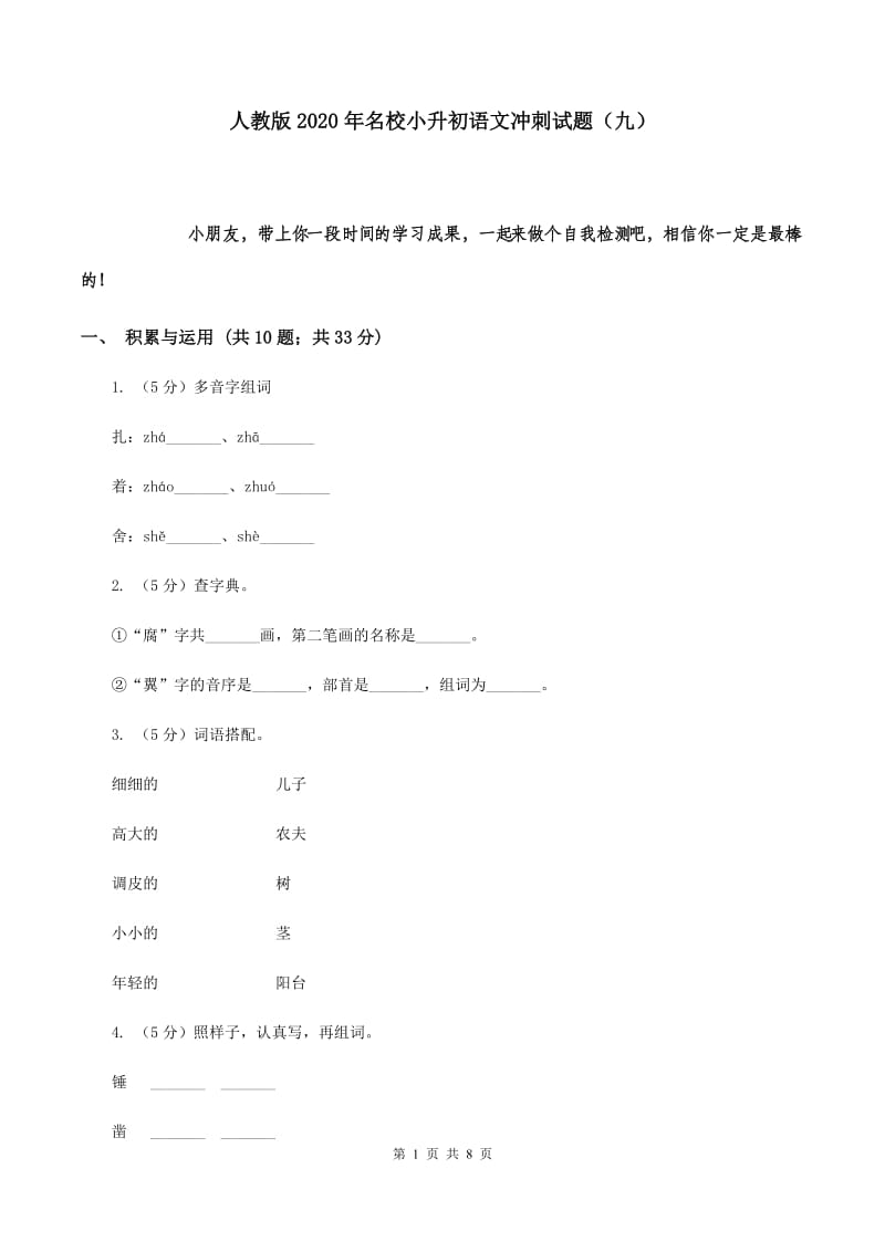 人教版2020年名校小升初语文冲刺试题（九）.doc_第1页