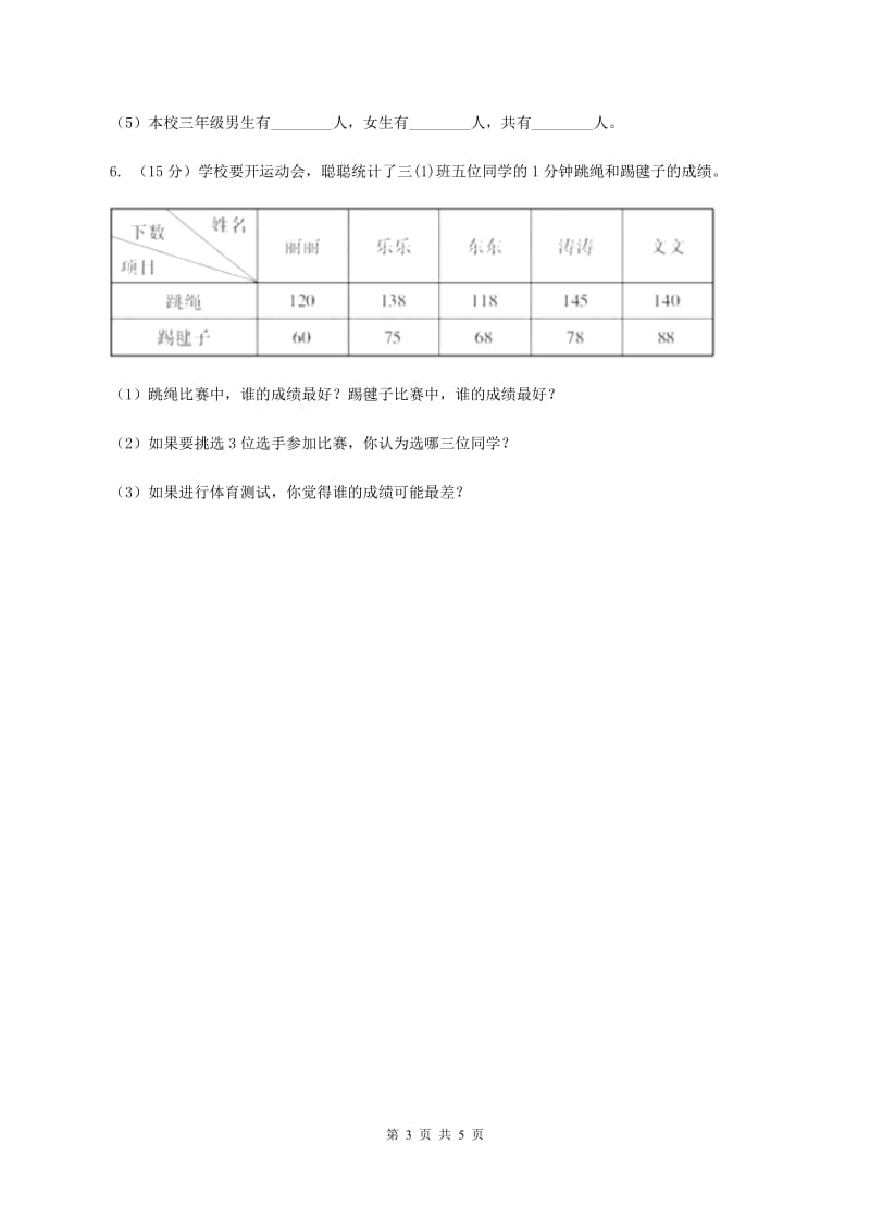 人教版数学三年级下册 第三单元 复式统计表 B卷.doc_第3页