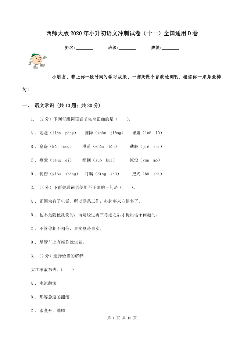 西师大版2020年小升初语文冲刺试卷（十一）全国通用D卷.doc_第1页