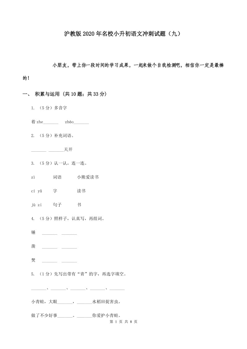 沪教版2020年名校小升初语文冲刺试题（九）.doc_第1页