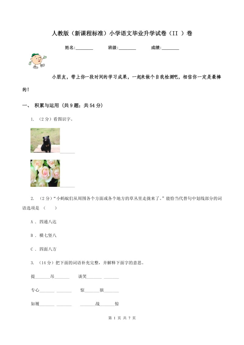 人教版（新课程标准）小学语文毕业升学试卷（II ）卷.doc_第1页