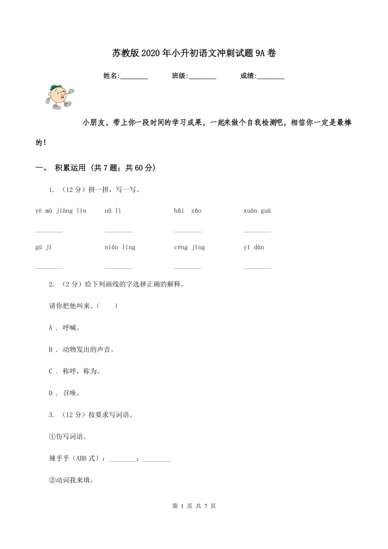 苏教版2020年小升初语文冲刺试题9A卷.doc_第1页