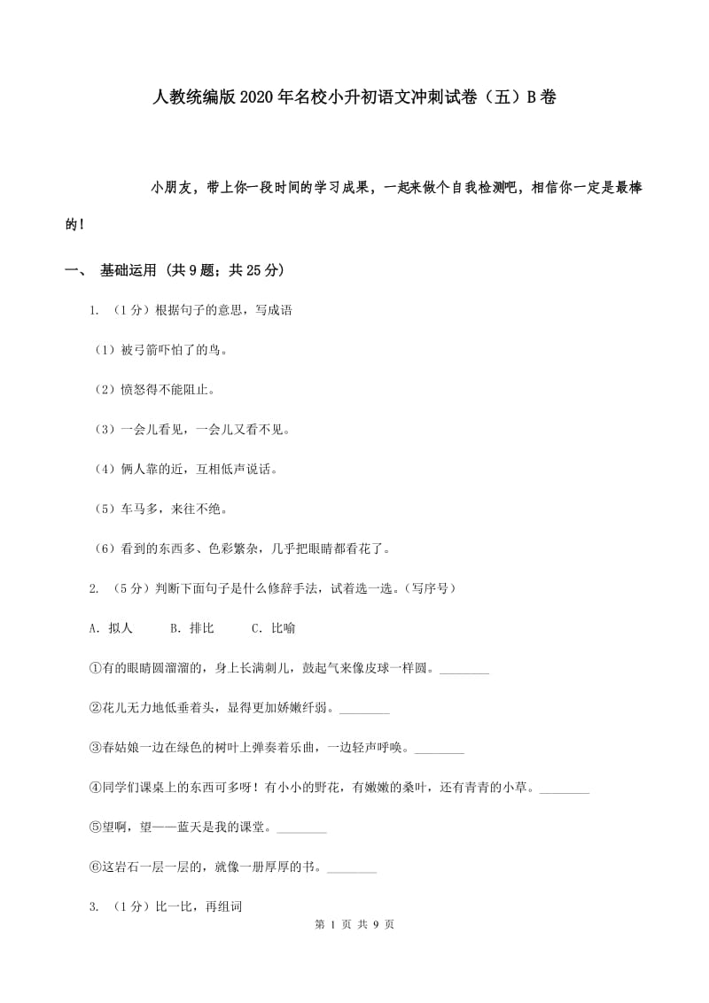 人教统编版2020年名校小升初语文冲刺试卷（五）B卷.doc_第1页