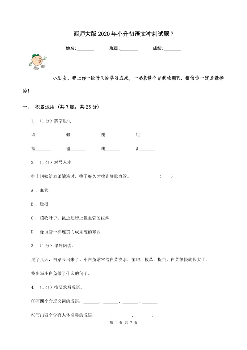 西师大版2020年小升初语文冲刺试题7.doc_第1页