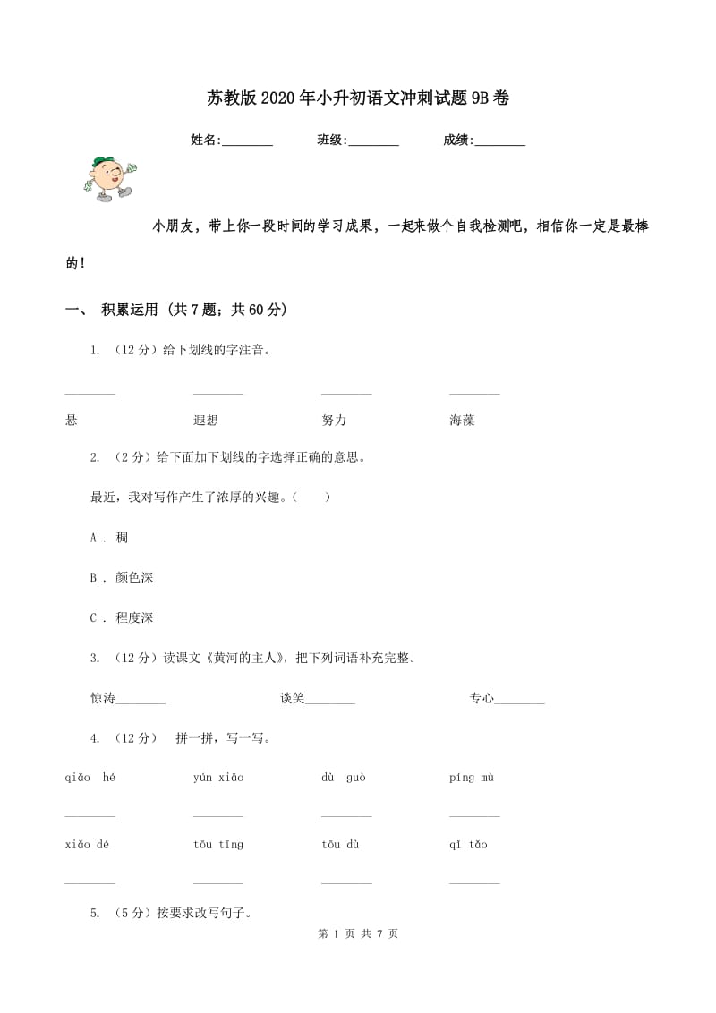 苏教版2020年小升初语文冲刺试题9B卷.doc_第1页