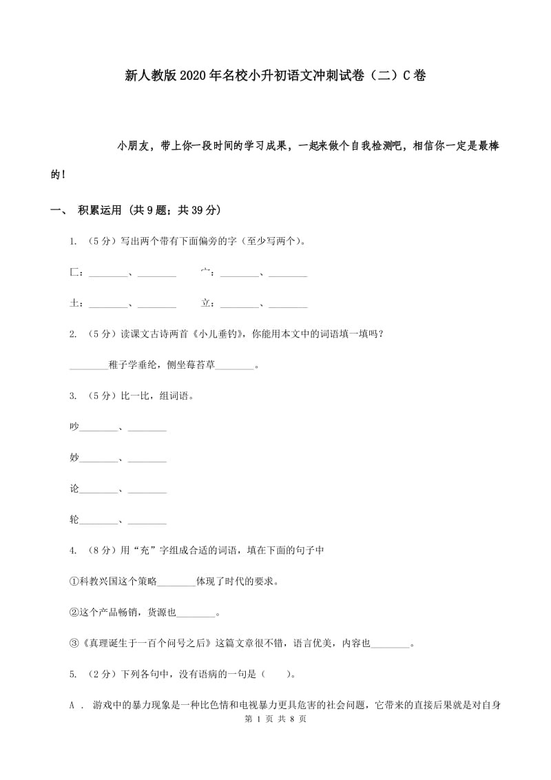 新人教版2020年名校小升初语文冲刺试卷（二）C卷.doc_第1页