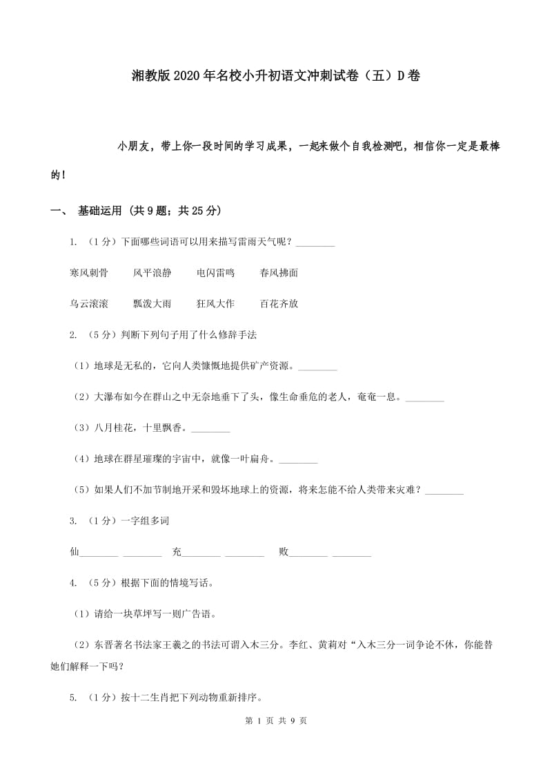 湘教版2020年名校小升初语文冲刺试卷（五）D卷.doc_第1页