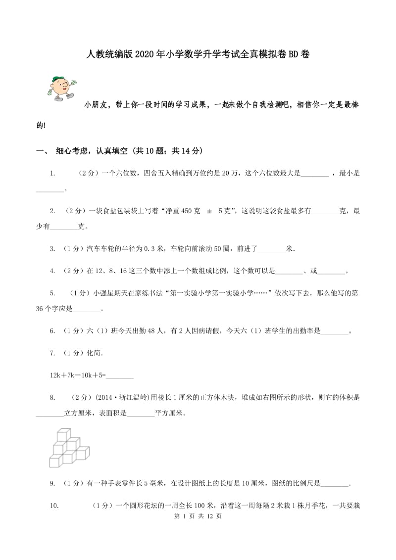 人教统编版2020年小学数学升学考试全真模拟卷BD卷.doc_第1页