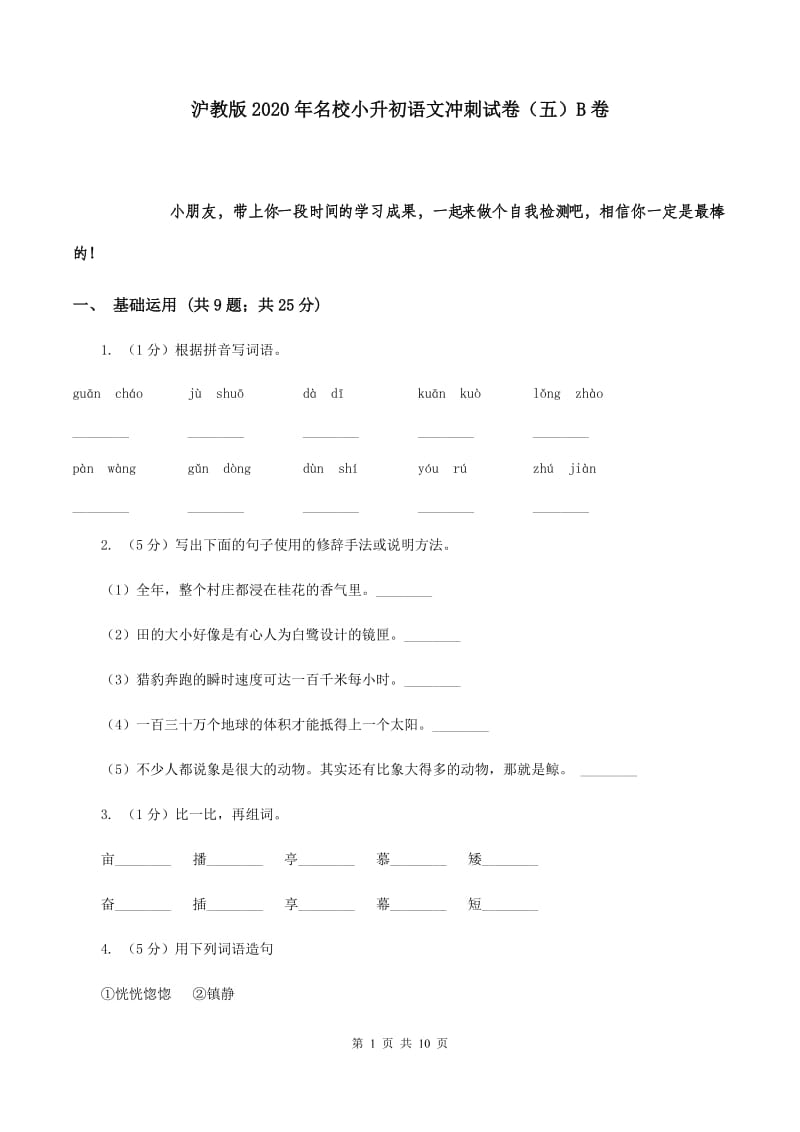 沪教版2020年名校小升初语文冲刺试卷（五）B卷.doc_第1页