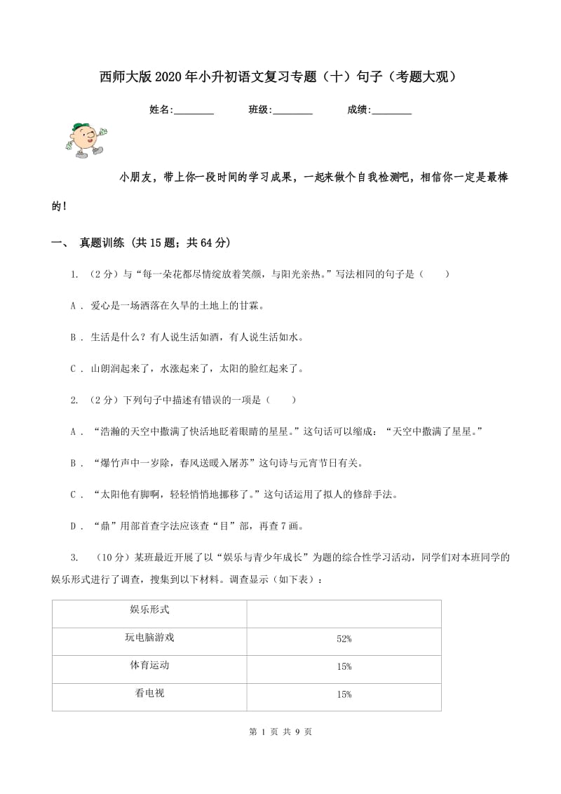 西师大版2020年小升初语文复习专题（十）句子（考题大观）.doc_第1页