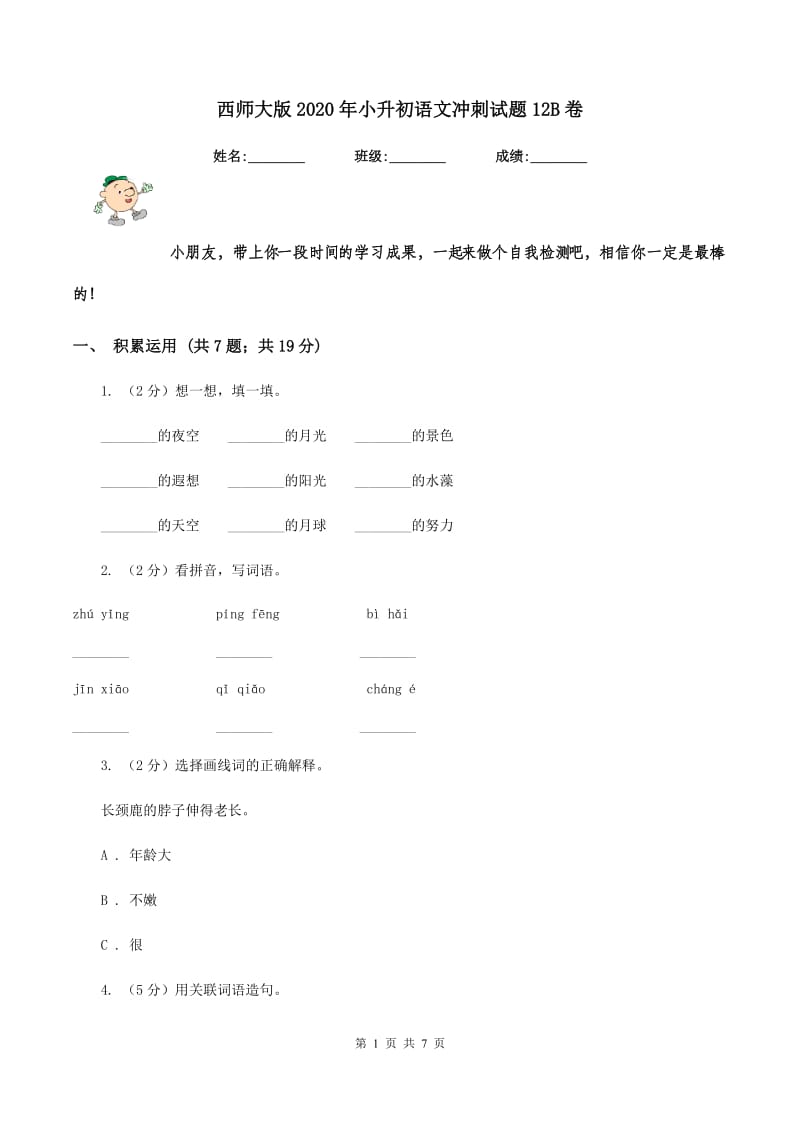 西师大版2020年小升初语文冲刺试题12B卷.doc_第1页