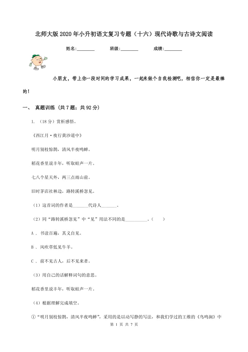 北师大版2020年小升初语文复习专题（十六）现代诗歌与古诗文阅读.doc_第1页