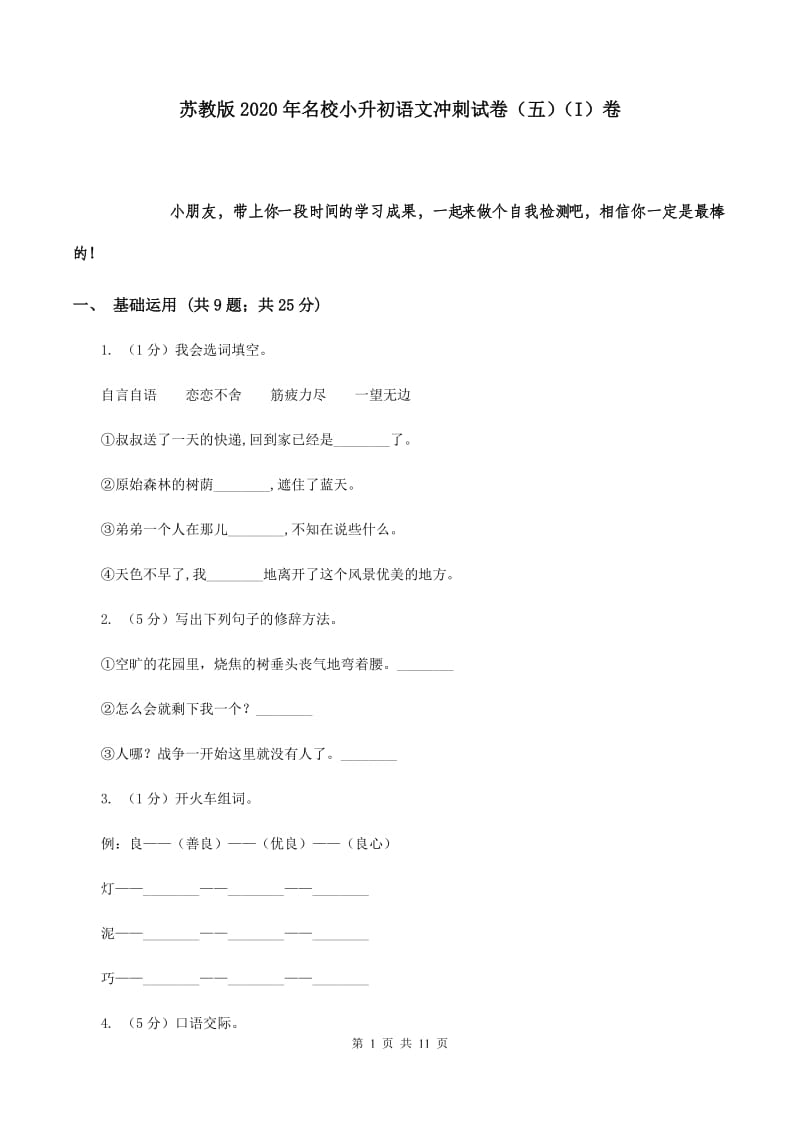 苏教版2020年名校小升初语文冲刺试卷（五）（I）卷.doc_第1页