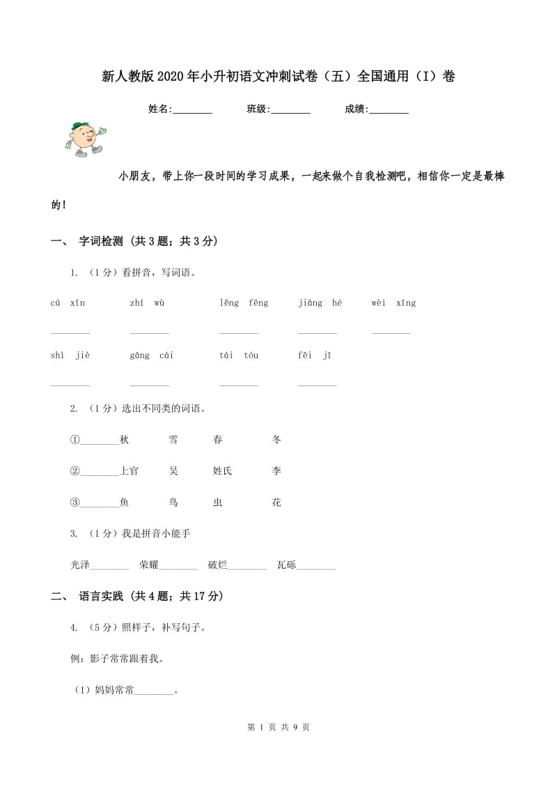 新人教版2020年小升初语文冲刺试卷（五）全国通用（I）卷.doc_第1页