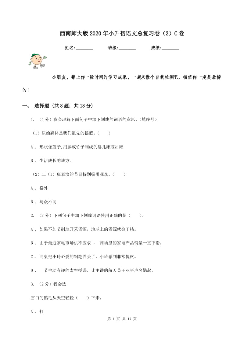 西南师大版2020年小升初语文总复习卷（3）C卷.doc_第1页