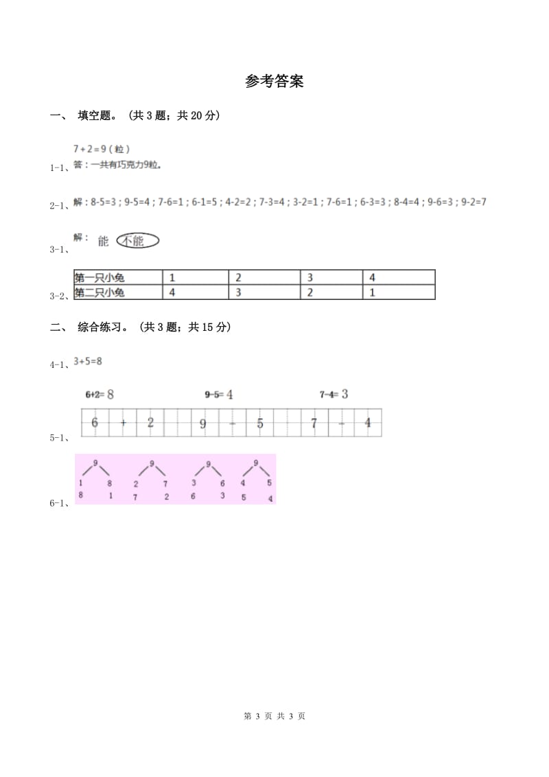 浙教版小学数学一年级上册 第三单元第一课 9以内的加法 （练习）（I）卷.doc_第3页