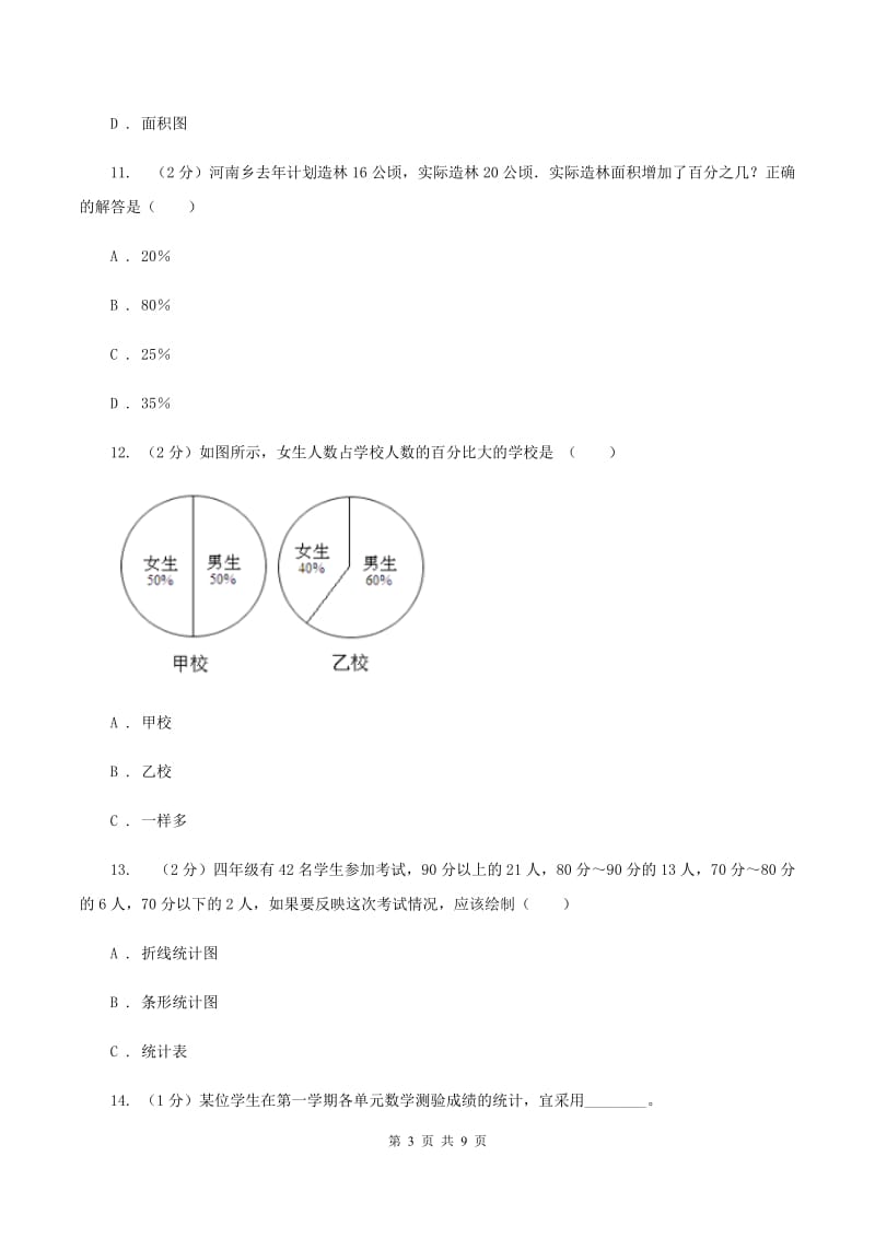 人教版数学六年级上册 第七单元扇形统计图 单元测试卷（一）（II ）卷.doc_第3页