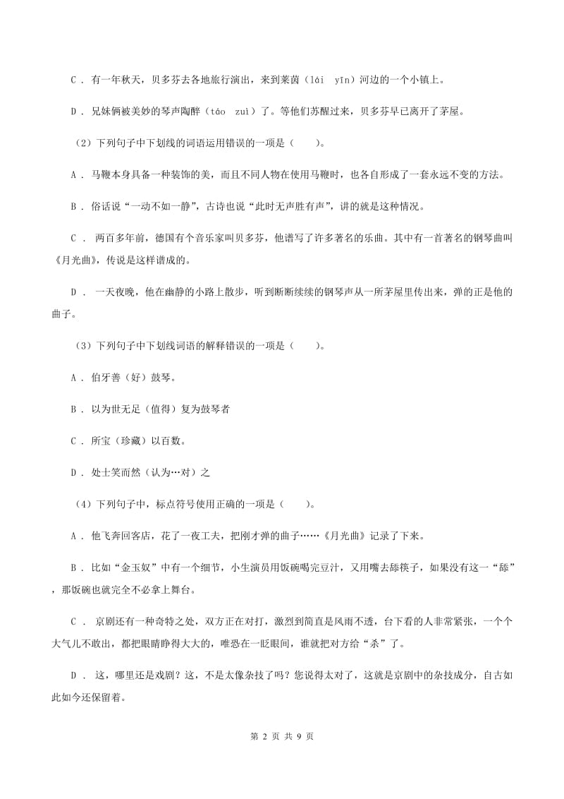 语文版2020年名校小升初语文冲刺试卷（三）D卷.doc_第2页