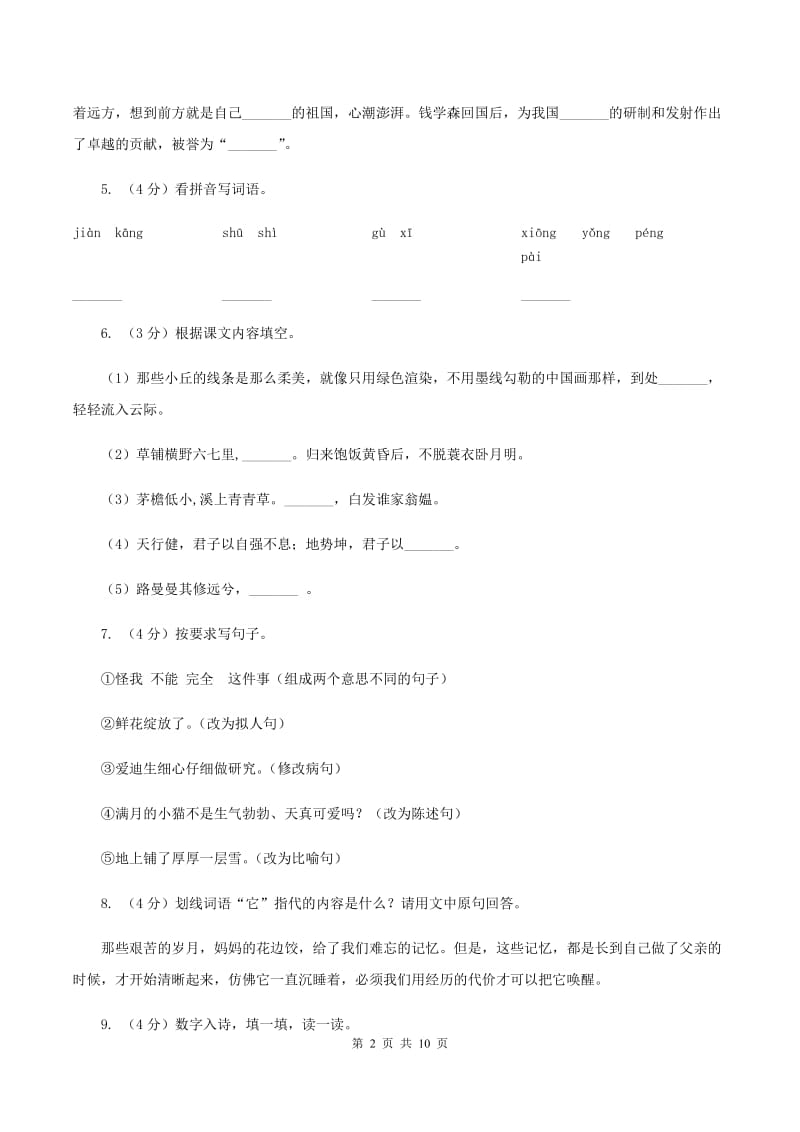 新人教版2020年名校小升初语文模拟试卷（九）.doc_第2页