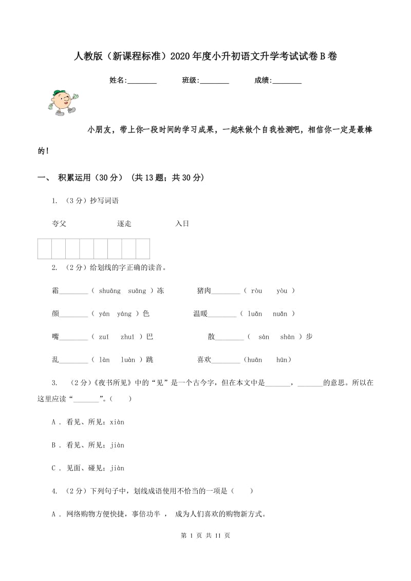 人教版（新课程标准）2020年度小升初语文升学考试试卷B卷.doc_第1页