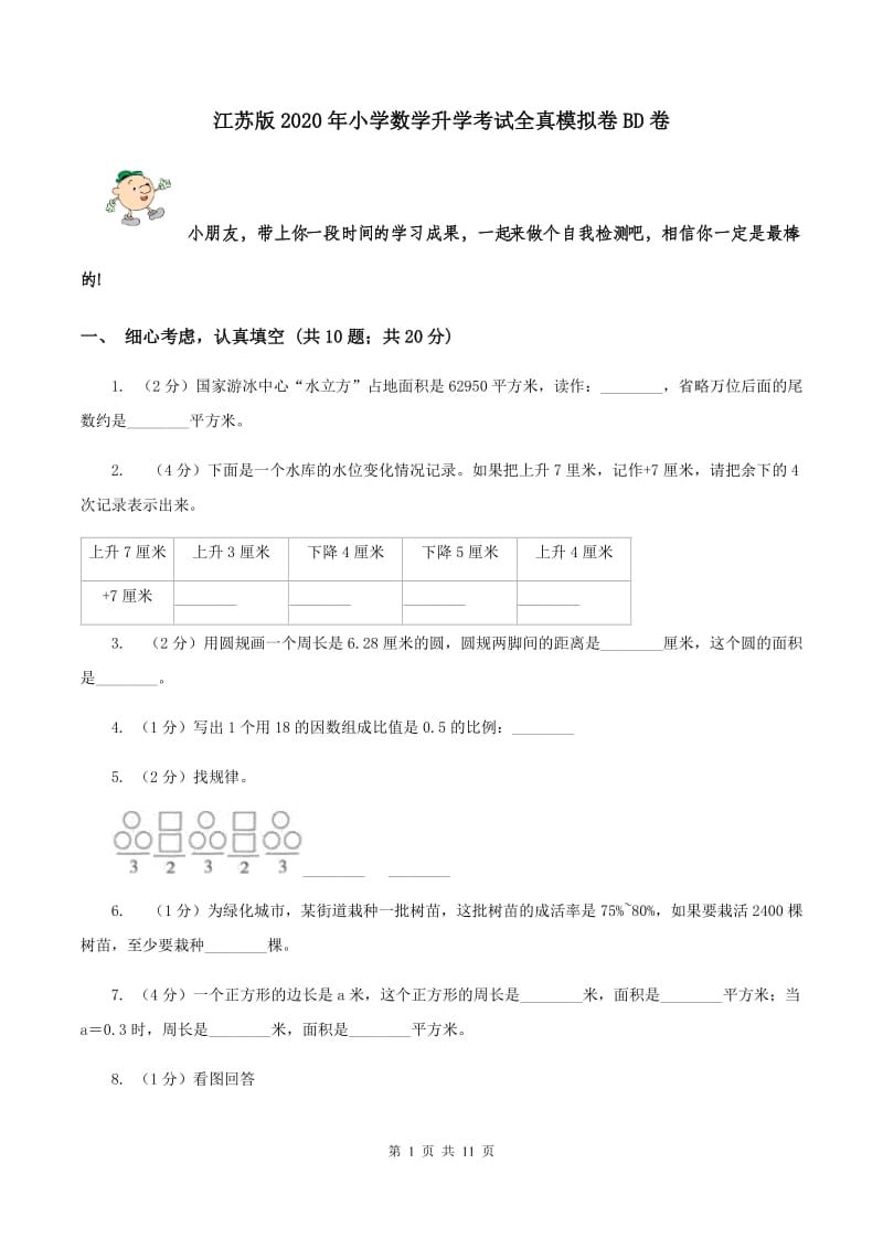 江苏版2020年小学数学升学考试全真模拟卷BD卷.doc_第1页