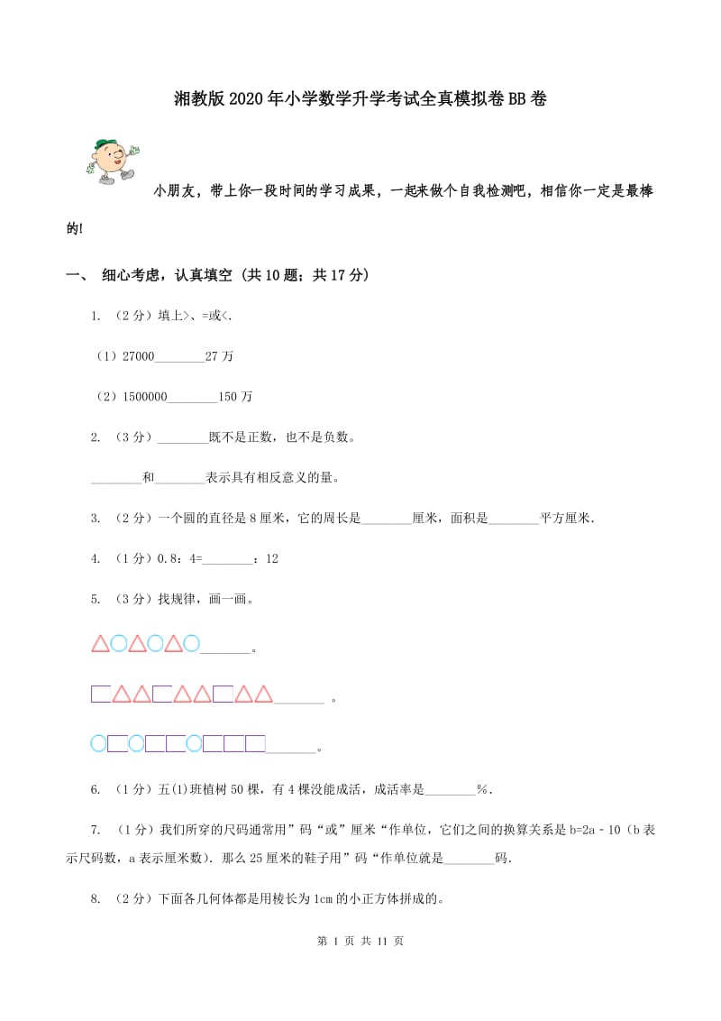 湘教版2020年小学数学升学考试全真模拟卷BB卷.doc_第1页