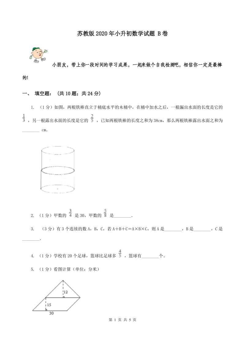 苏教版2020年小升初数学试题 B卷.doc_第1页