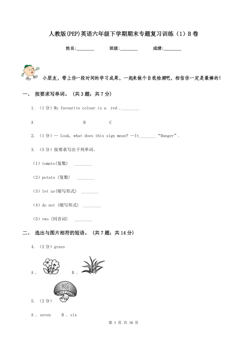 人教版(PEP)英语六年级下学期期末专题复习训练（1）B卷.doc_第1页