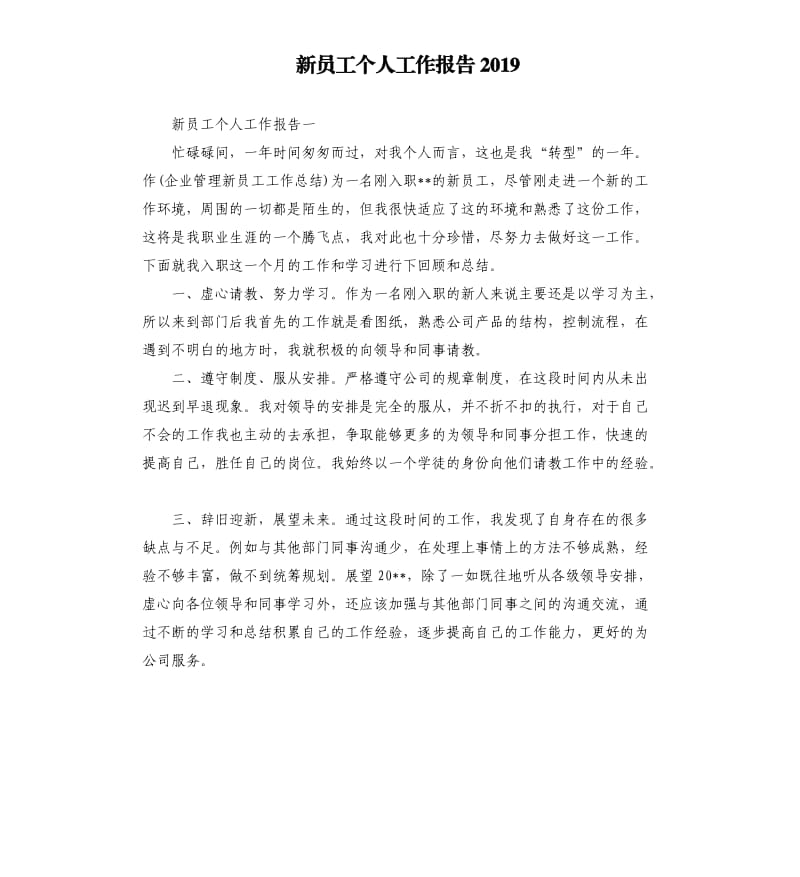 新员工个人工作报告2019.docx_第1页