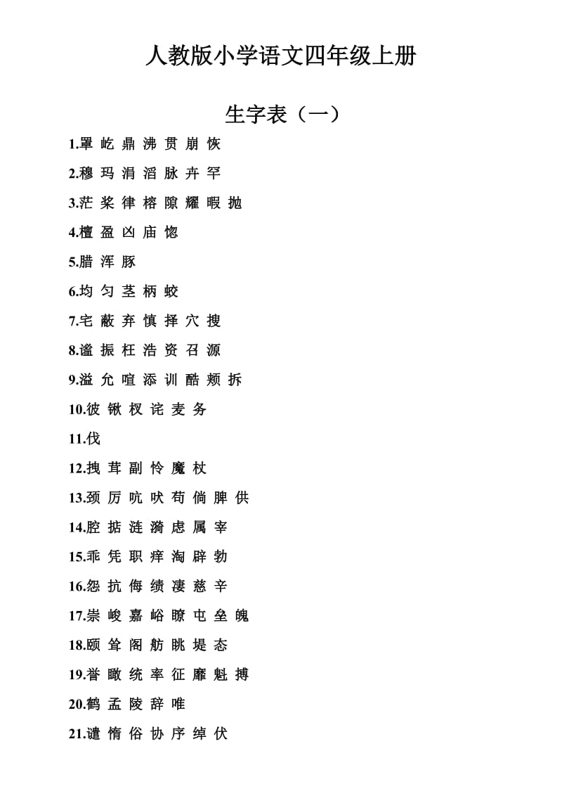 人教版四年级上学期生字词语表.doc_第1页