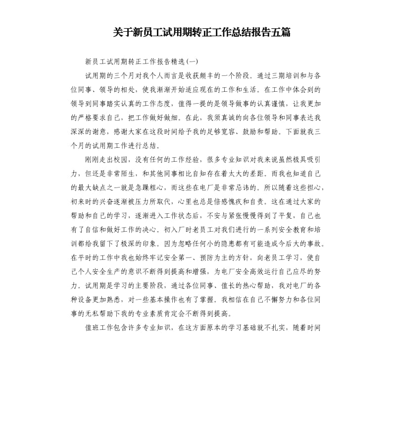 关于新员工试用期转正工作总结报告五篇.docx_第1页