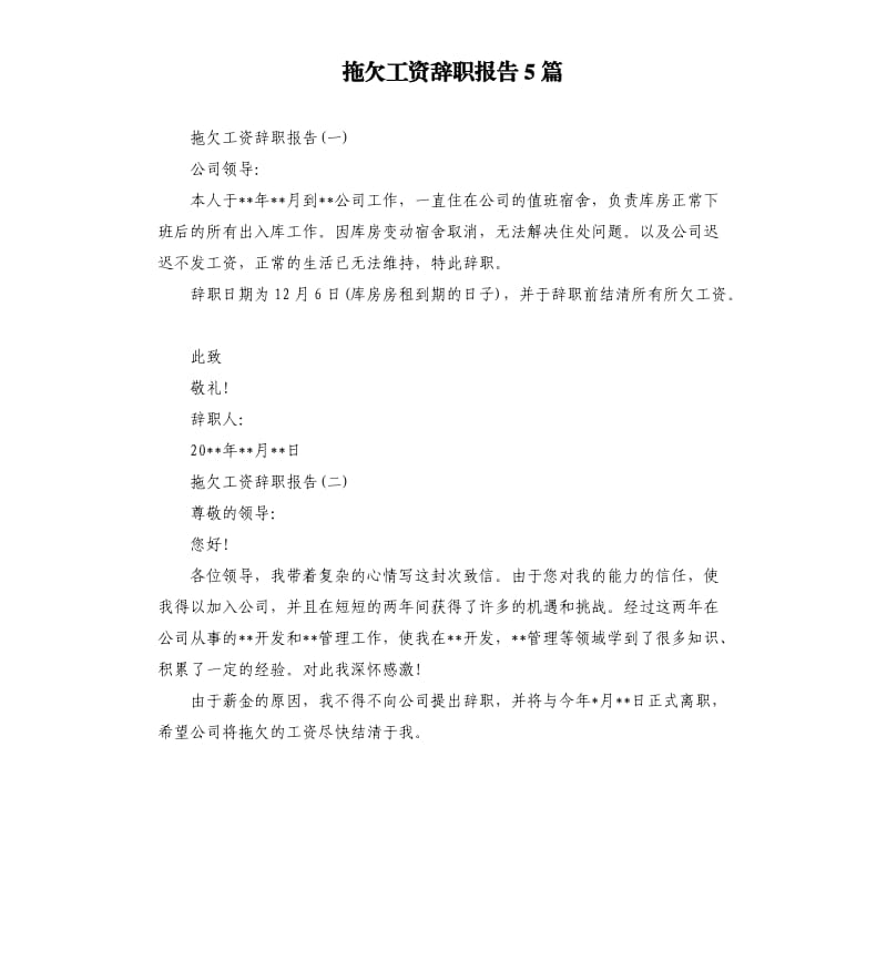 拖欠工资辞职报告5篇.docx_第1页