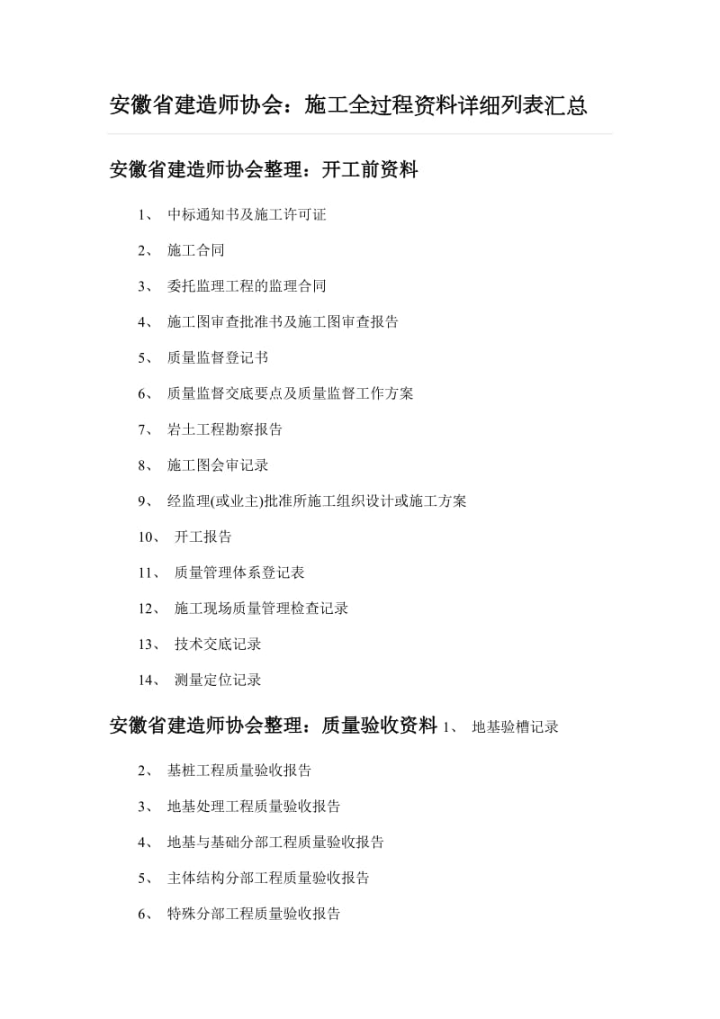 安徽省建造师协会：施工全过程资料详细列表汇总.doc_第1页