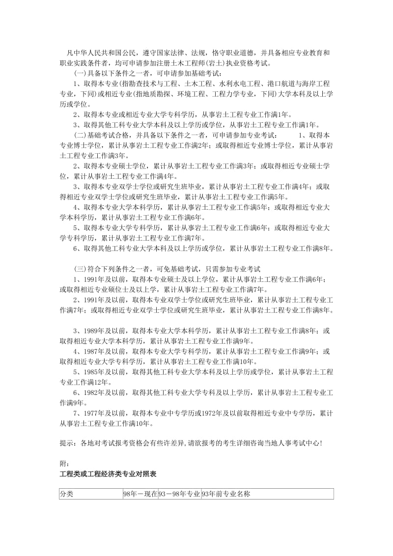 岩土工程师报考条件及新旧专业对照表.doc_第1页