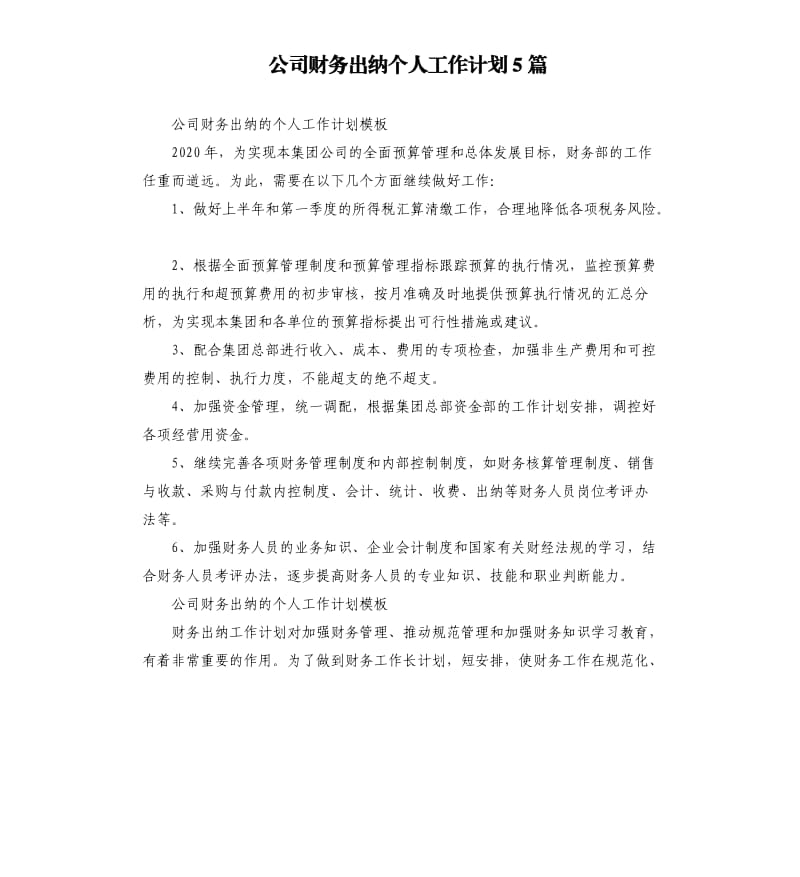 公司财务出纳个人工作计划5篇.docx_第1页