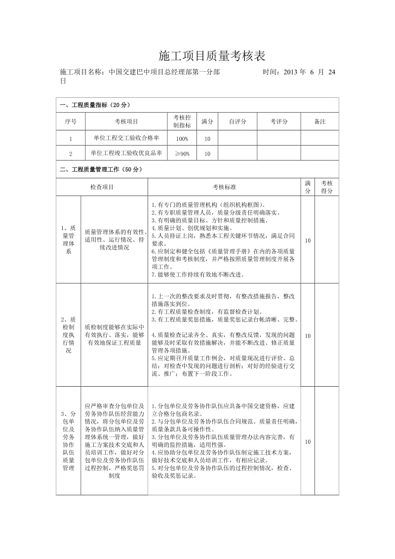 施工项目质量考核表.doc_第1页