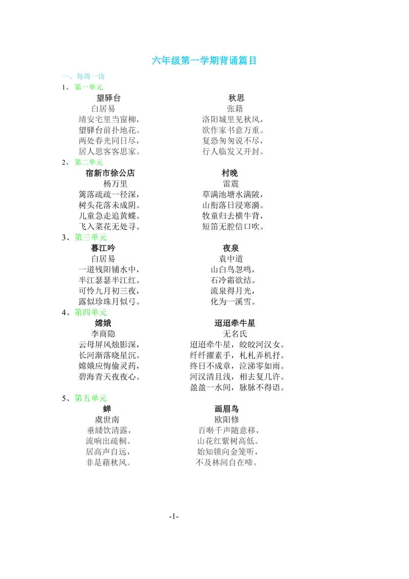 上海版语文六年级第一学期背诵篇目.doc_第1页