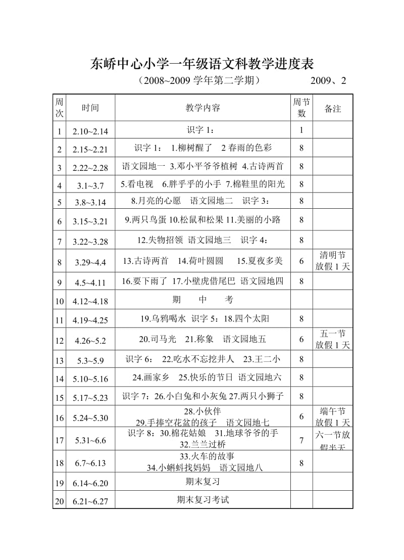 东峤中心小学一年级语文科教学进度表.doc_第1页