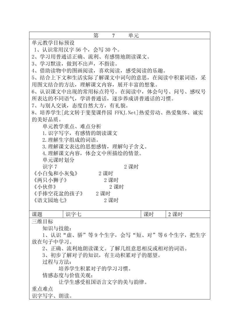 人教版一年级语文上册第七单元备课.doc_第1页