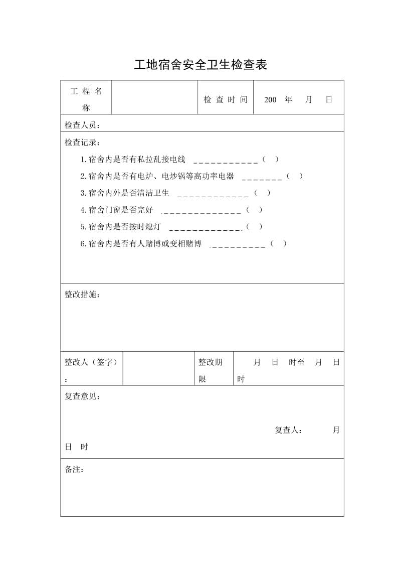 工地宿舍安全卫生检查表.doc_第1页