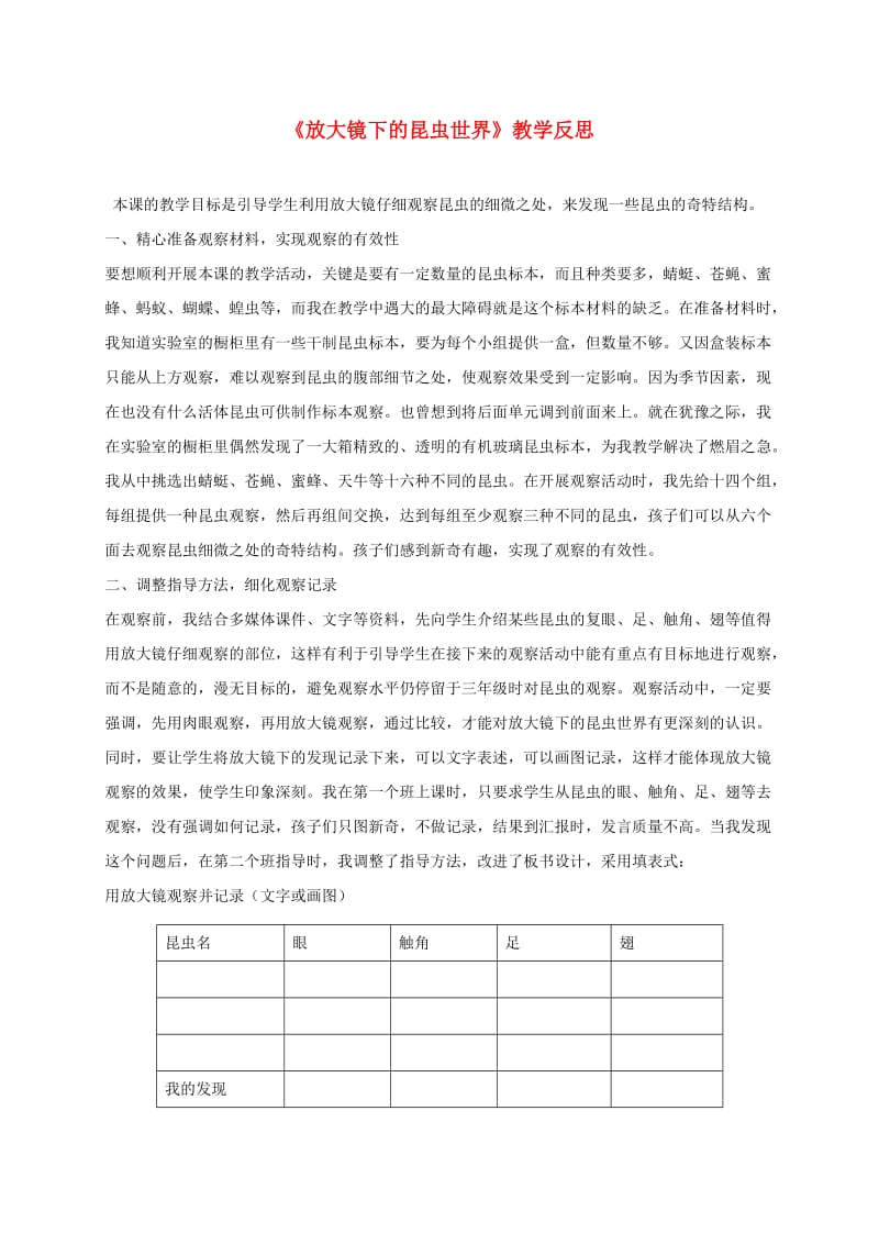 六年级科学下册放大镜下的昆虫世界2教学反思教科版.doc_第1页