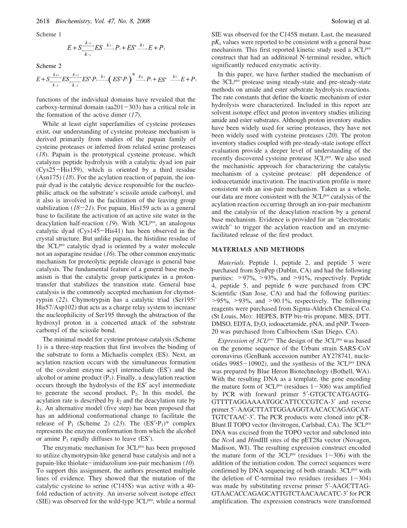 【病毒外文文献】2008 Steady-State and Pre-Steady-State Kinetic Evaluation of Severe Acute Respiratory Syndrome Coronavirus (SARS-CoV) 3C_第2页