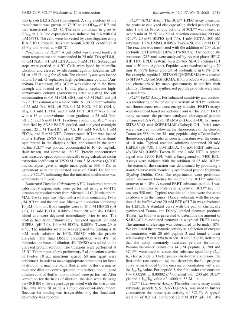 【病毒外文文献】2008 Steady-State and Pre-Steady-State Kinetic Evaluation of Severe Acute Respiratory Syndrome Coronavirus (SARS-CoV) 3C_第3页